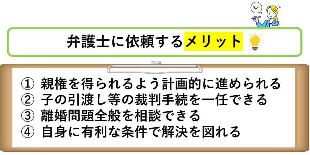 弁護士に依頼するメリット
親権を得られるよう計画的に進められる
子の引渡し等の裁判手続を一任できる
離婚問題全般を相談できる
自身に有利な条件で解決を図れる