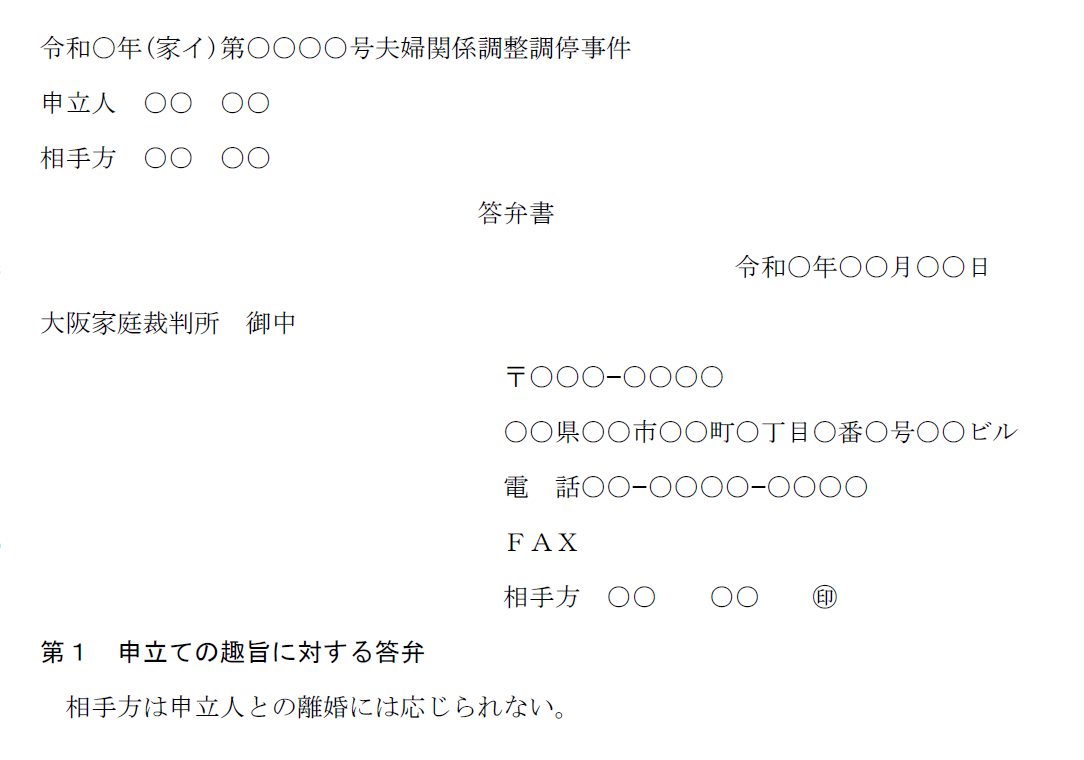 令和〇年(家イ)第〇〇〇〇号夫婦関係調整調停事件
申立人　○○　○○
相手方　○○　〇〇
答弁書
令和〇年〇〇月〇〇日
大阪家庭裁判所　御中
〒〇〇〇−〇〇〇〇
〇〇県〇〇市〇〇町〇丁目〇番〇号〇〇ビル
電　話〇〇−〇〇〇〇−〇〇〇〇
ＦＡＸ
相手方　○○　　○○　　㊞
第１　申立ての趣旨に対する答弁
相手方は申立人との離婚には応じられない。

