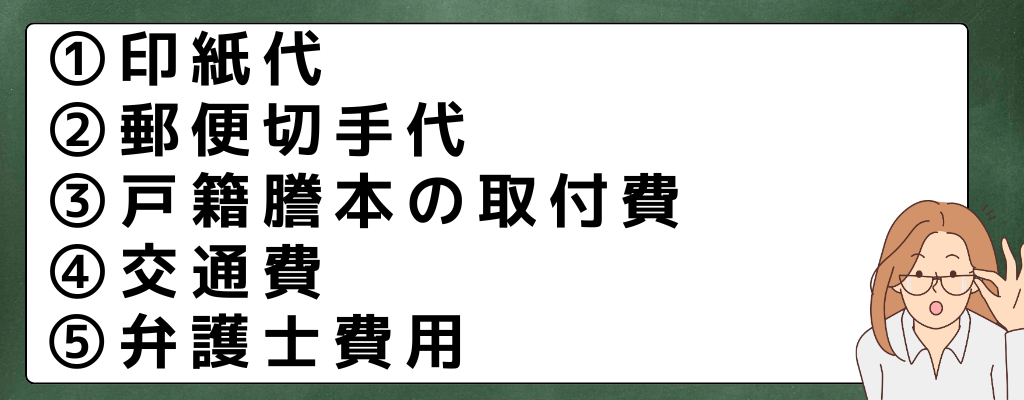 ①印紙代
②郵便切手代
③戸籍謄本の取付費
④交通費
⑤弁護士費用