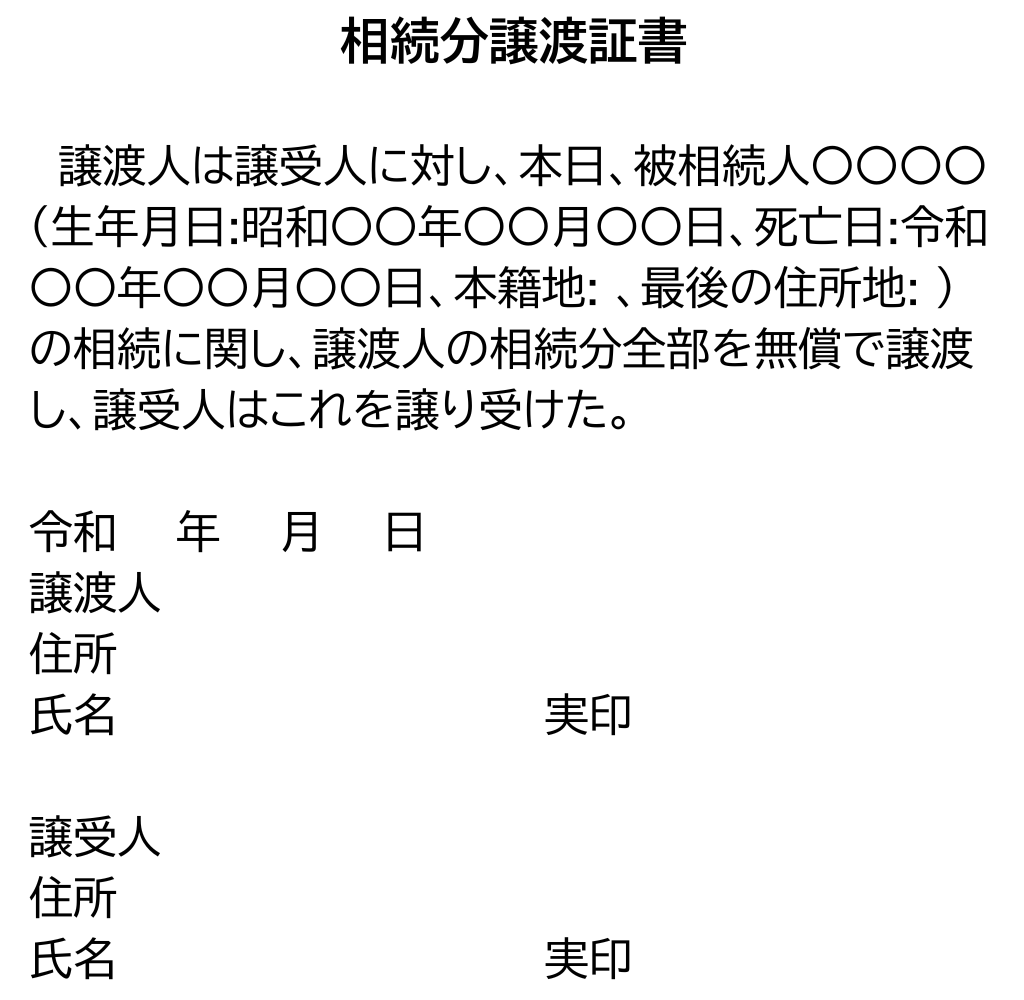 相続分譲渡証書
譲渡人は譲受人に対し、本日、被相続人〇〇〇〇(生年月日:昭和〇〇年〇〇月〇〇日、死亡日:令和〇〇年〇〇月〇〇日、本籍地:  、最後の住所地:  )の相続に関し、譲渡人の相続分全部を無償で譲渡し、譲受人はこれを譲り受けた。
令和年月日
譲渡人
住所
氏名　　　　　　実印
譲受人
住所　
氏名　　　　　　実印