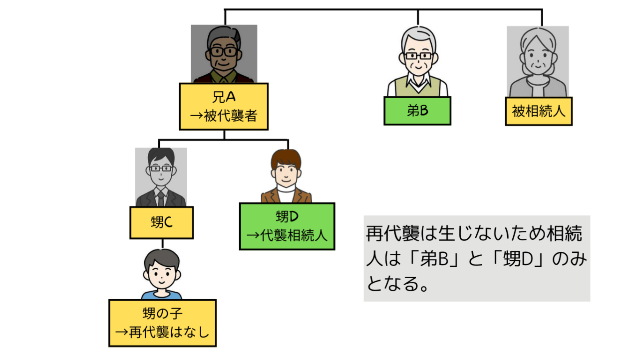 兄A
→被代襲者
甥C
甥D
→代襲相続人
弟B
被相続人
甥の子
→再代襲はなし
再代襲は生じないため相続人は「弟B」と「甥D」のみとなる。
