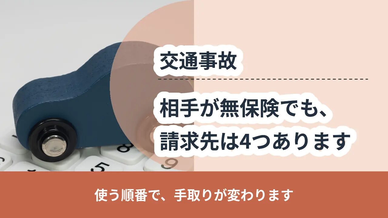 交通事故, 使う順番で、手取りが変わります, 相手が無保険でも、 請求先は4つあります